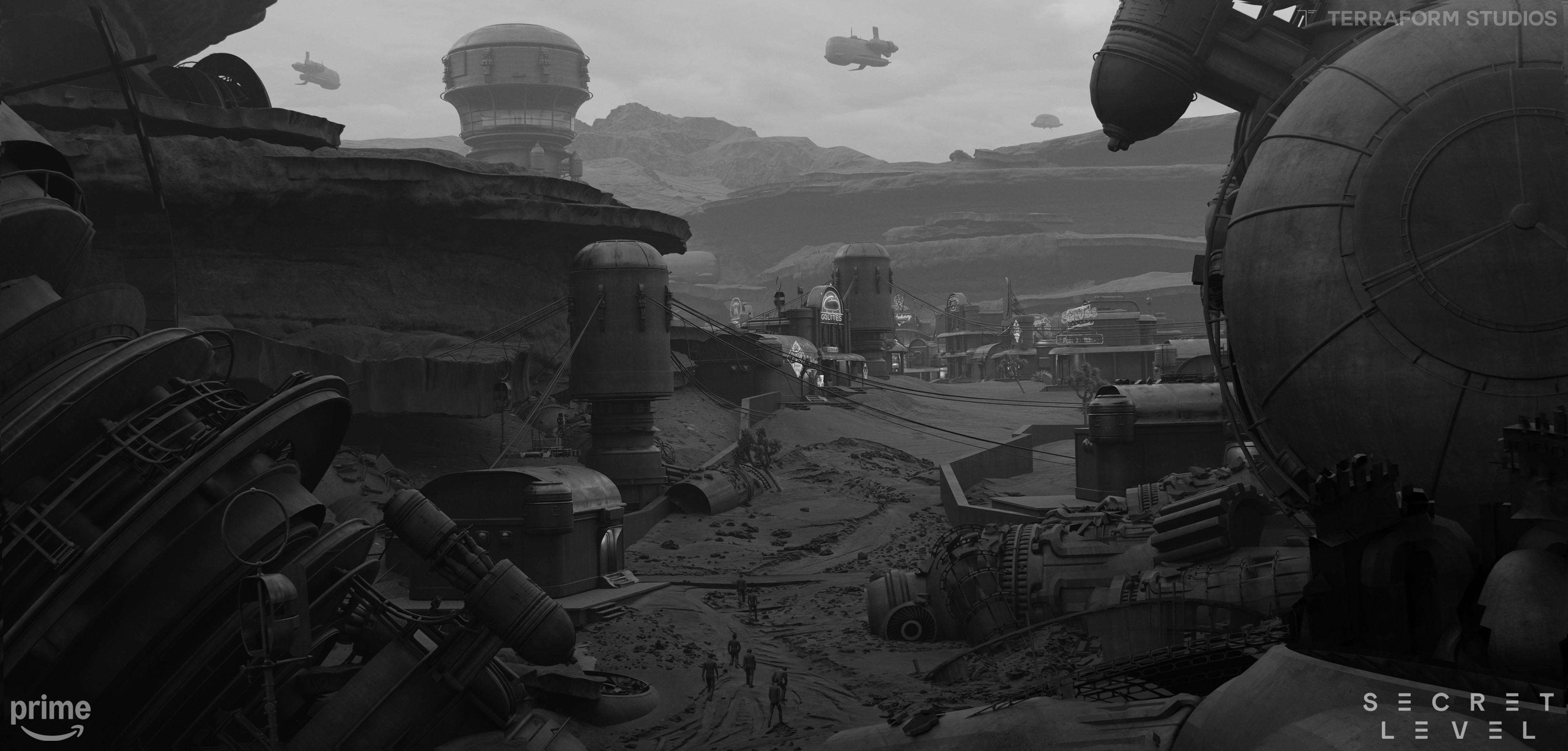 Black and white Argos Town environment design exploration by Alex Pi